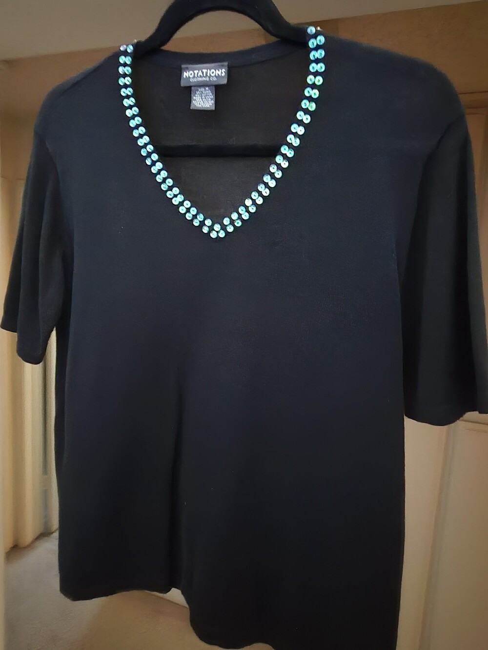 Notations Black V-Neck Tee with Teal Sequin Trim